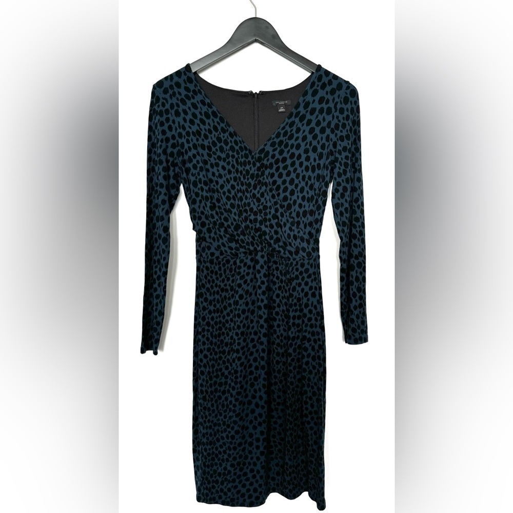 ANN TAYLOR L/S WRAP DRESS - BLACK & NAVY SPOTTED